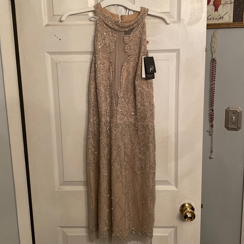 Adrianna Papell beaded high neck mini dress. NWT